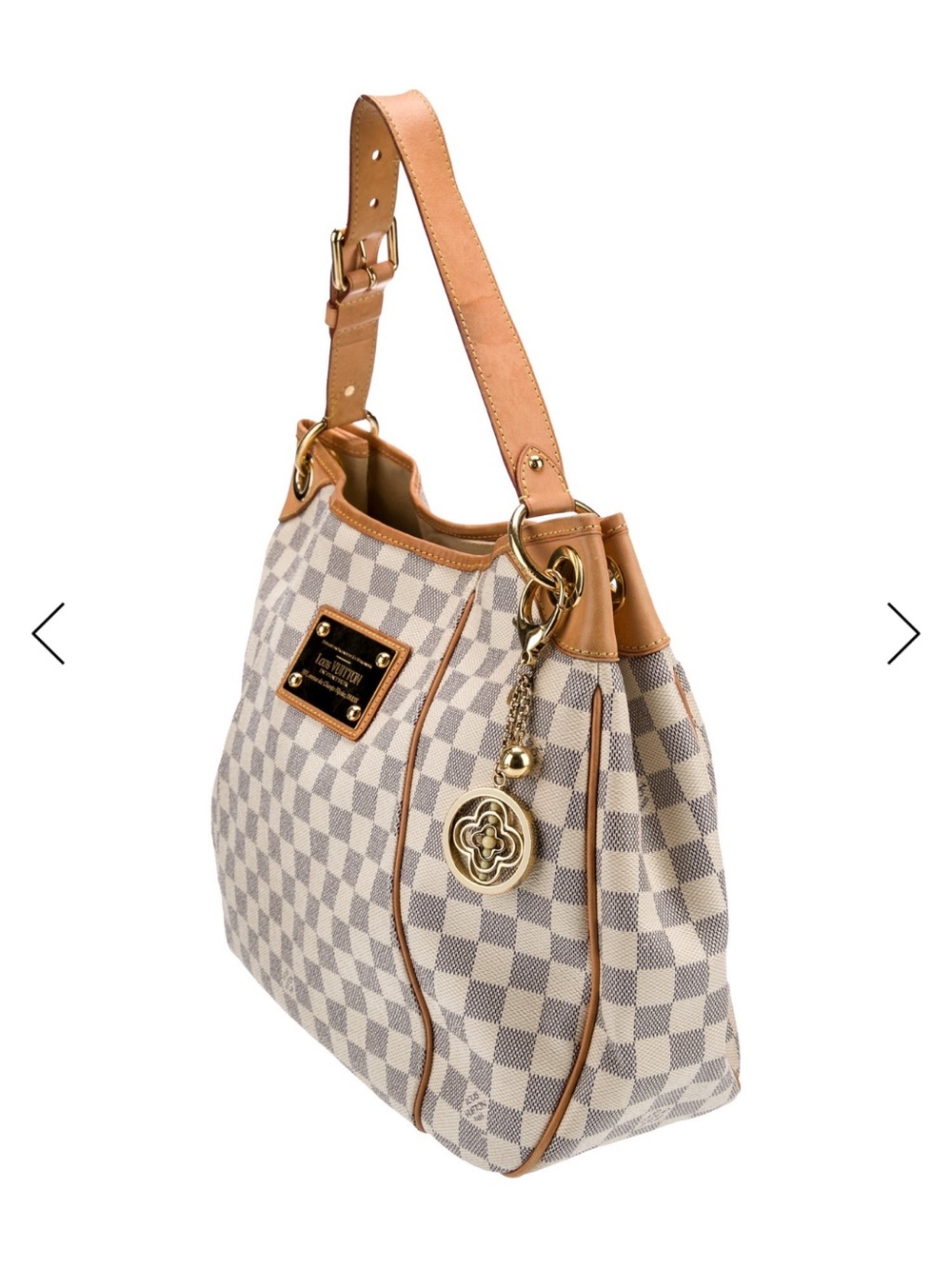 Louis Vuitton Beige Checkered Shoulder Bag with Tan Trim and Gold Charm
